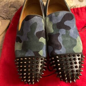 Christian Louboutin Green and Black Camouflage Studded Loafers